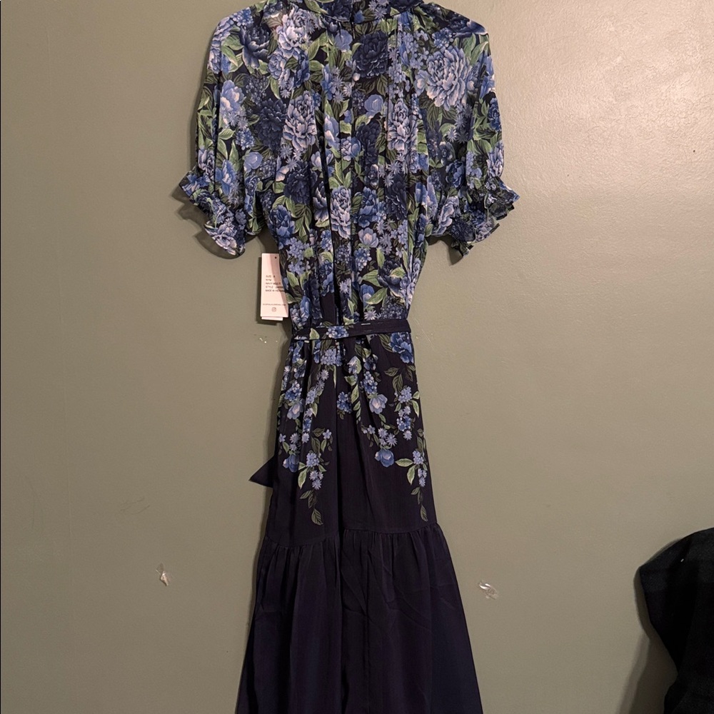 Julia Jordan Placed Floral Midi Dress Chiffon Lined Navy Green Sz 8 Brunch NWT